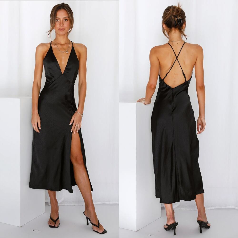 Women’s Black Satin Slip Dress with Plunging V-Neck